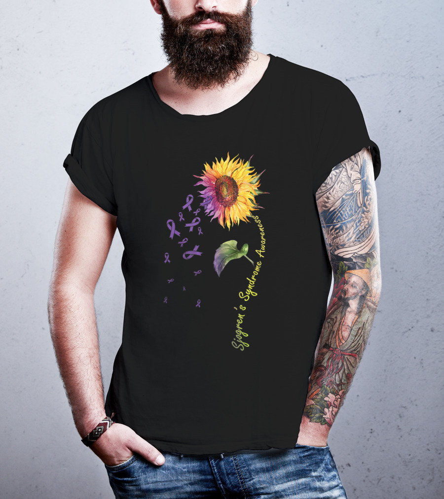 Sjogren's Syndrome Awareness Sunflower With Purple Ribbons T-Shirt