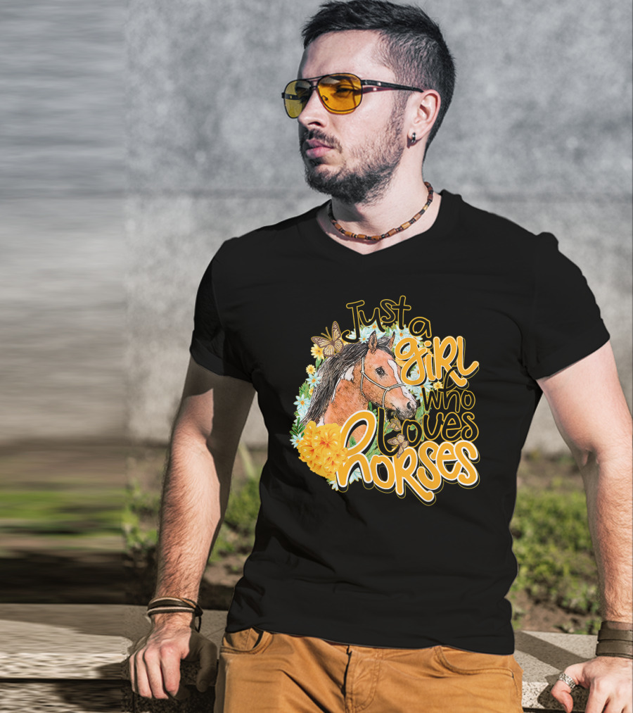Just A Girl Who Loves Horses Butterfly And Floral T-Shirt