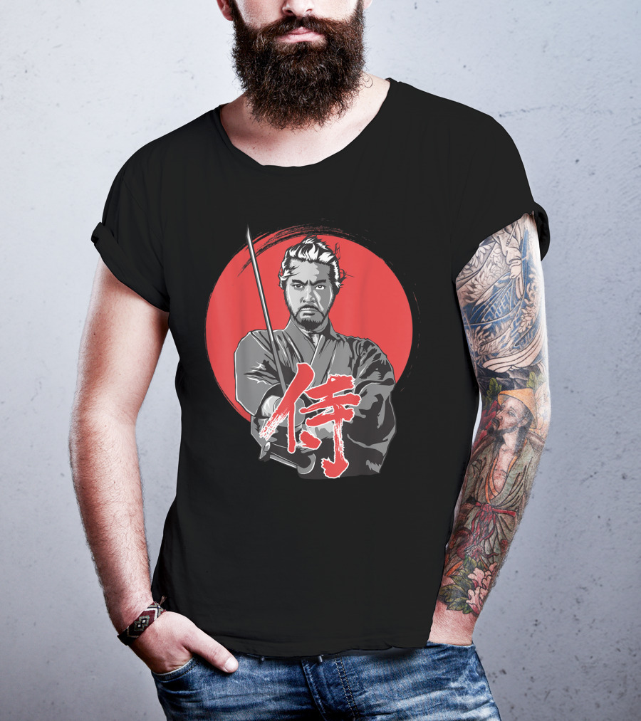 Samurai Warrior With Katana Red Sun Background T-Shirt