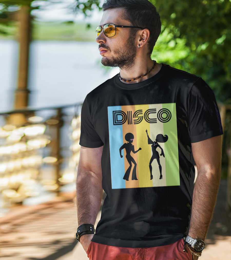 Disco Dancing 70s Disco Dancer With Silhouette And Retro Stripes T-Shirt