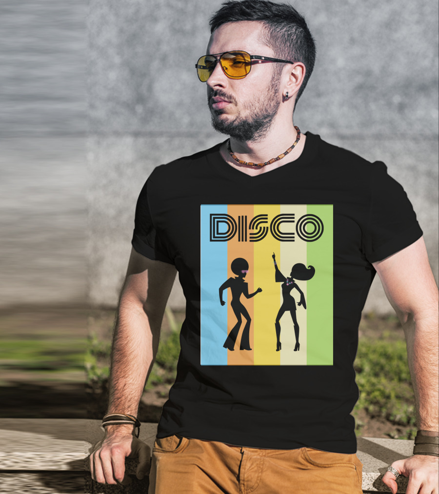 Disco Dancing 70s Disco Dancer With Silhouette And Retro Stripes T-Shirt