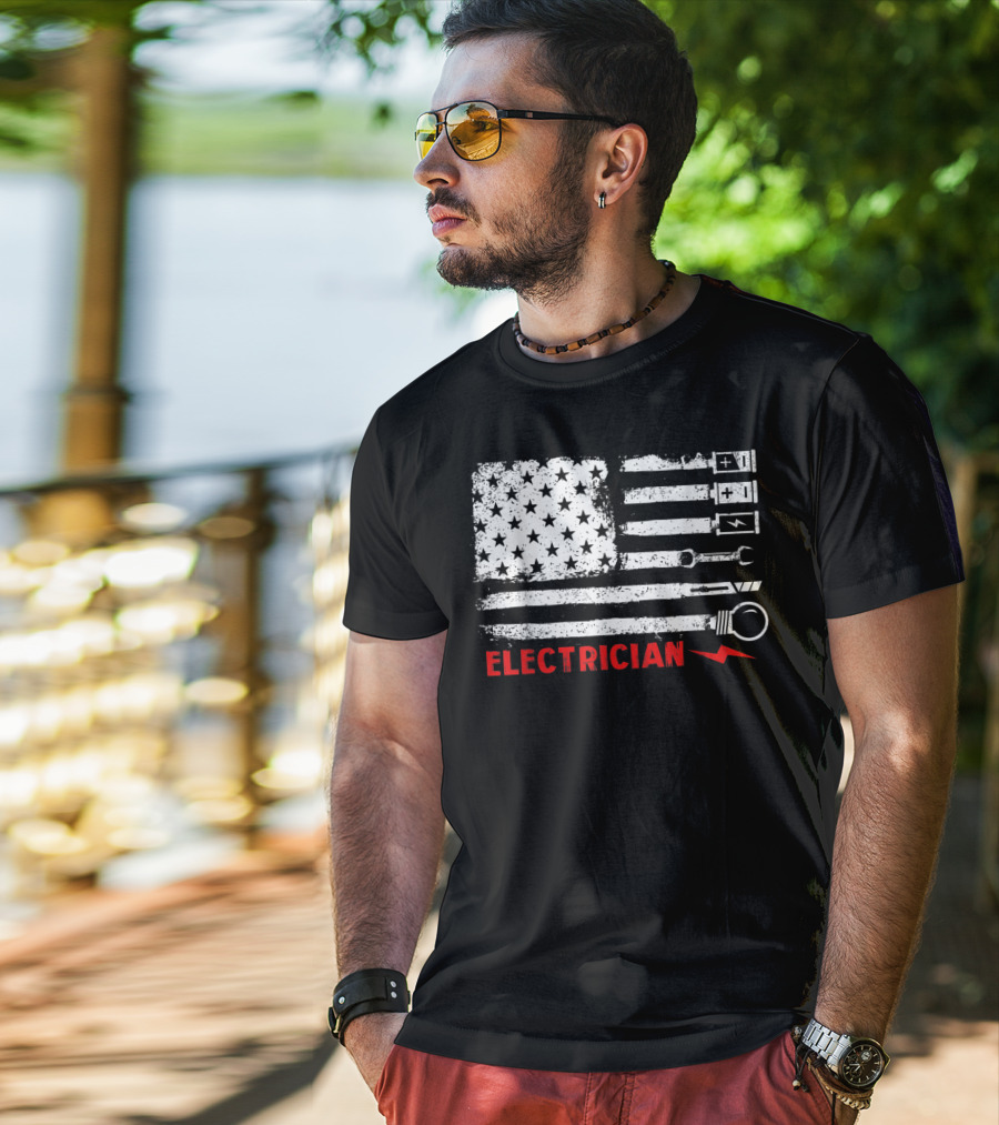 American Flag Electrician With Tools And Symbols T-Shirt