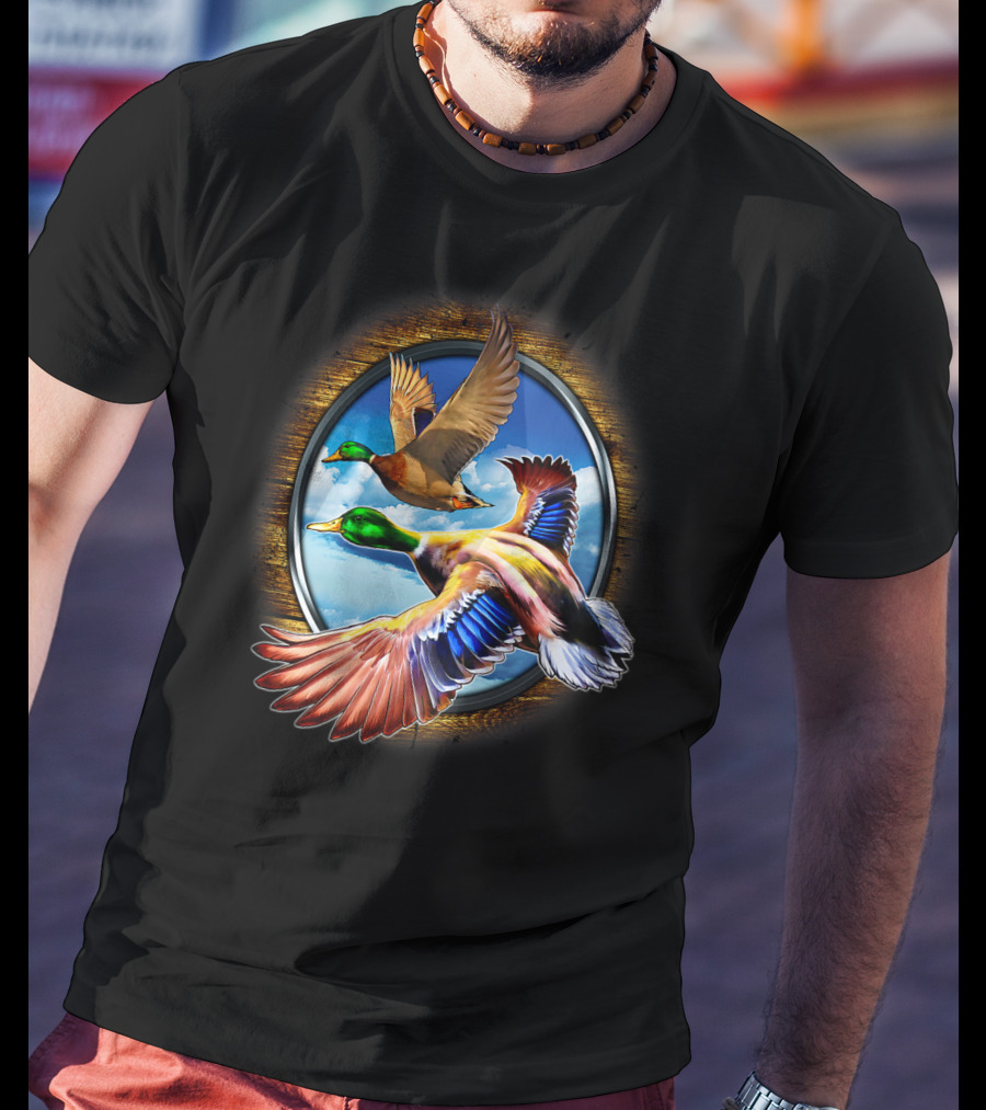 Flying Duck Hunting Scene With Colorful Ducks In Motion T-Shirt