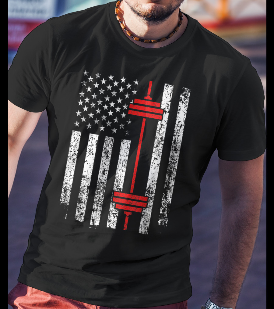 American Flag Barbell Weightlifting Fitness Strength T-Shirt