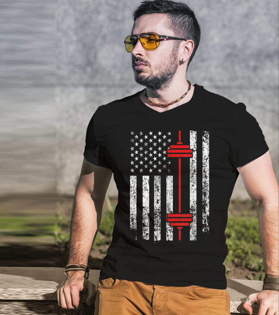 American Flag Barbell Weightlifting Fitness Strength T-Shirt
