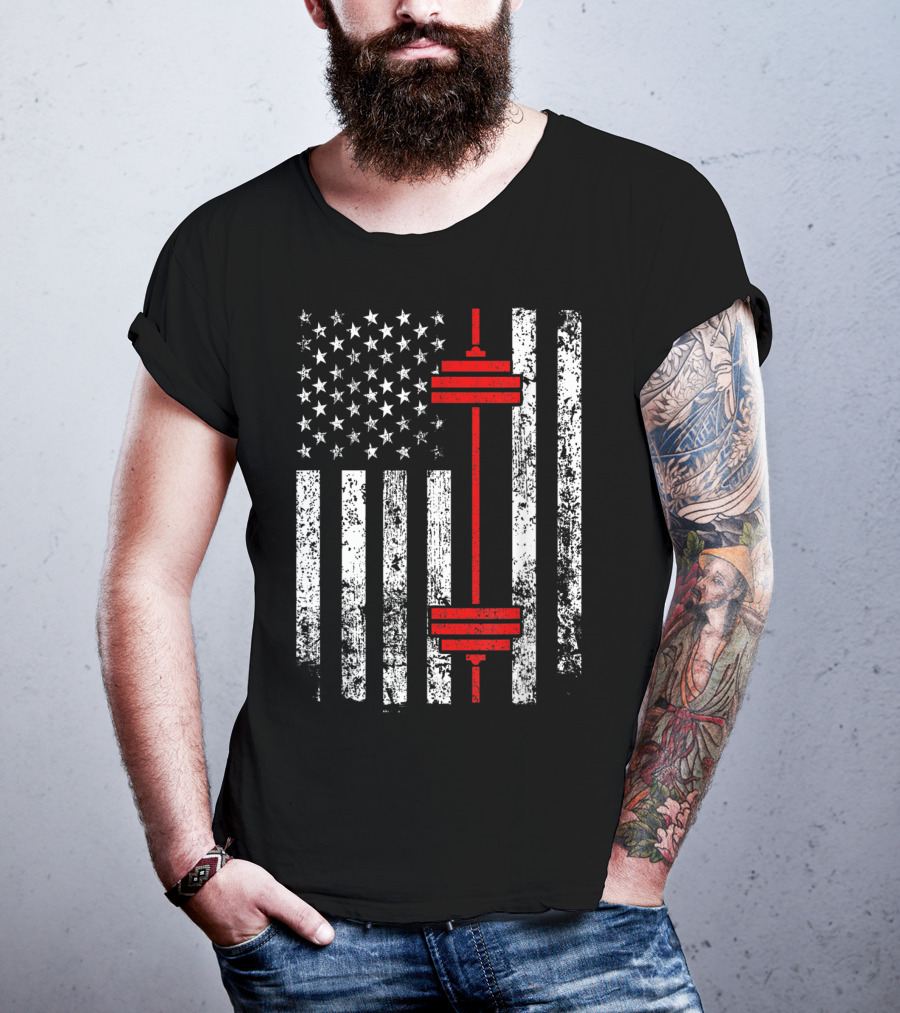 American Flag Barbell Weightlifting Fitness Strength T-Shirt