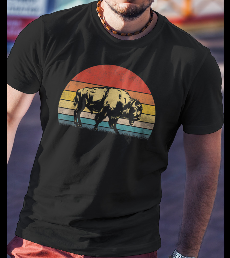 Buffalo Bison Sunset Vintage 70s Natur Retro Stripes T-Shirt