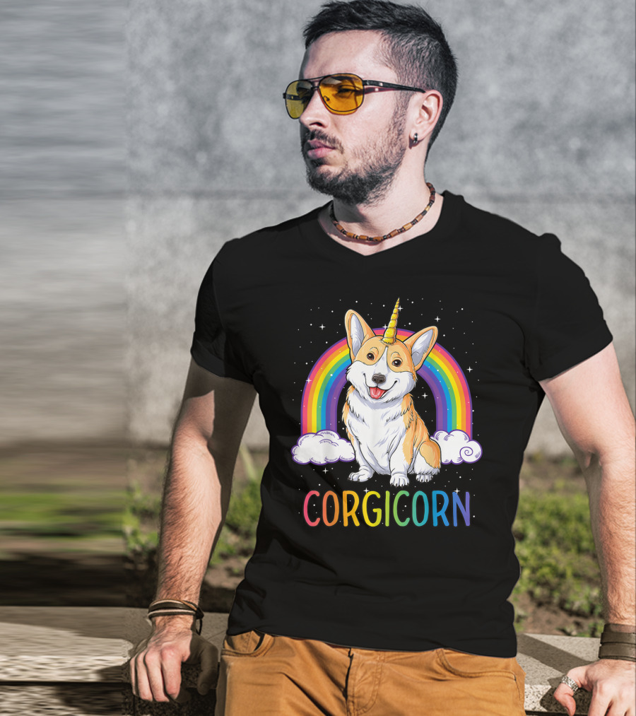 Corgicorn Corgi Unicorn Rainbow Galaxy Stars Clouds T-Shirt