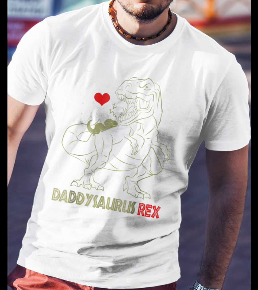 Daddysaurus Rex Dinosaur Daddy Sau With Heart And Sleeping Baby Dinosaur T-Shirt