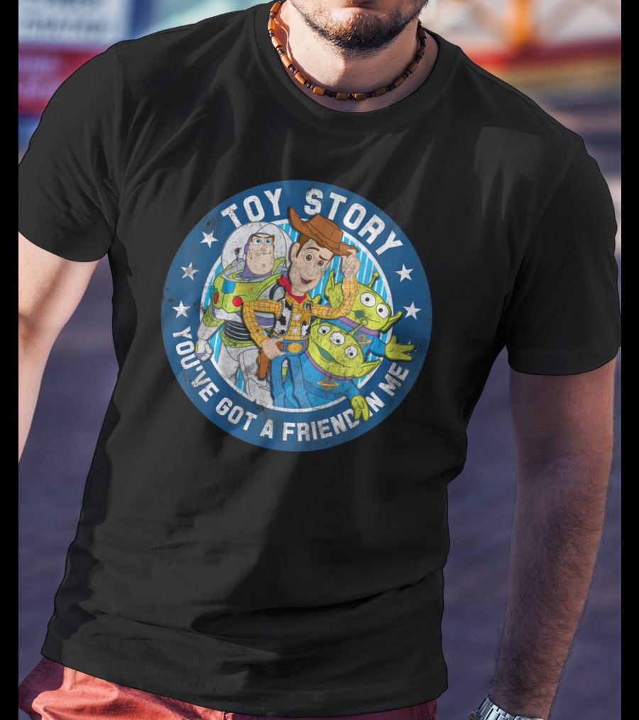 Toy Story You've Got A Friend In Me Buzz Woody Aliens Circle Blue Stars T-Shirt