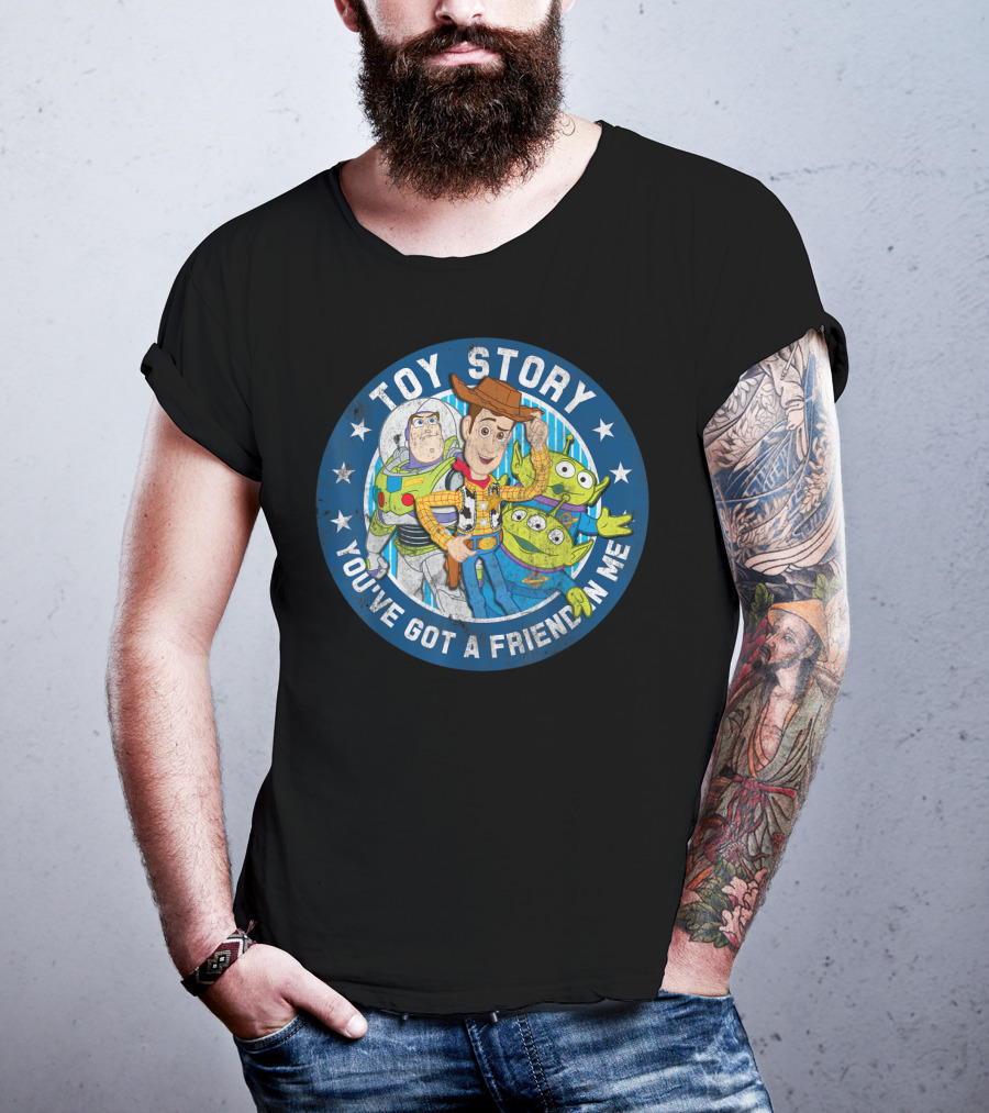 Toy Story You've Got A Friend In Me Buzz Woody Aliens Circle Blue Stars T-Shirt