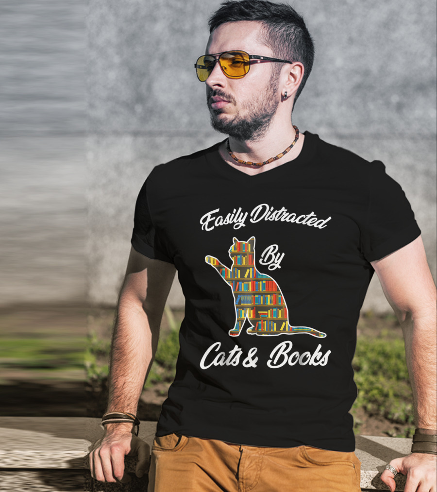 Easily Distracted By Cats And Books Animal Lover Meowi T-Shirt