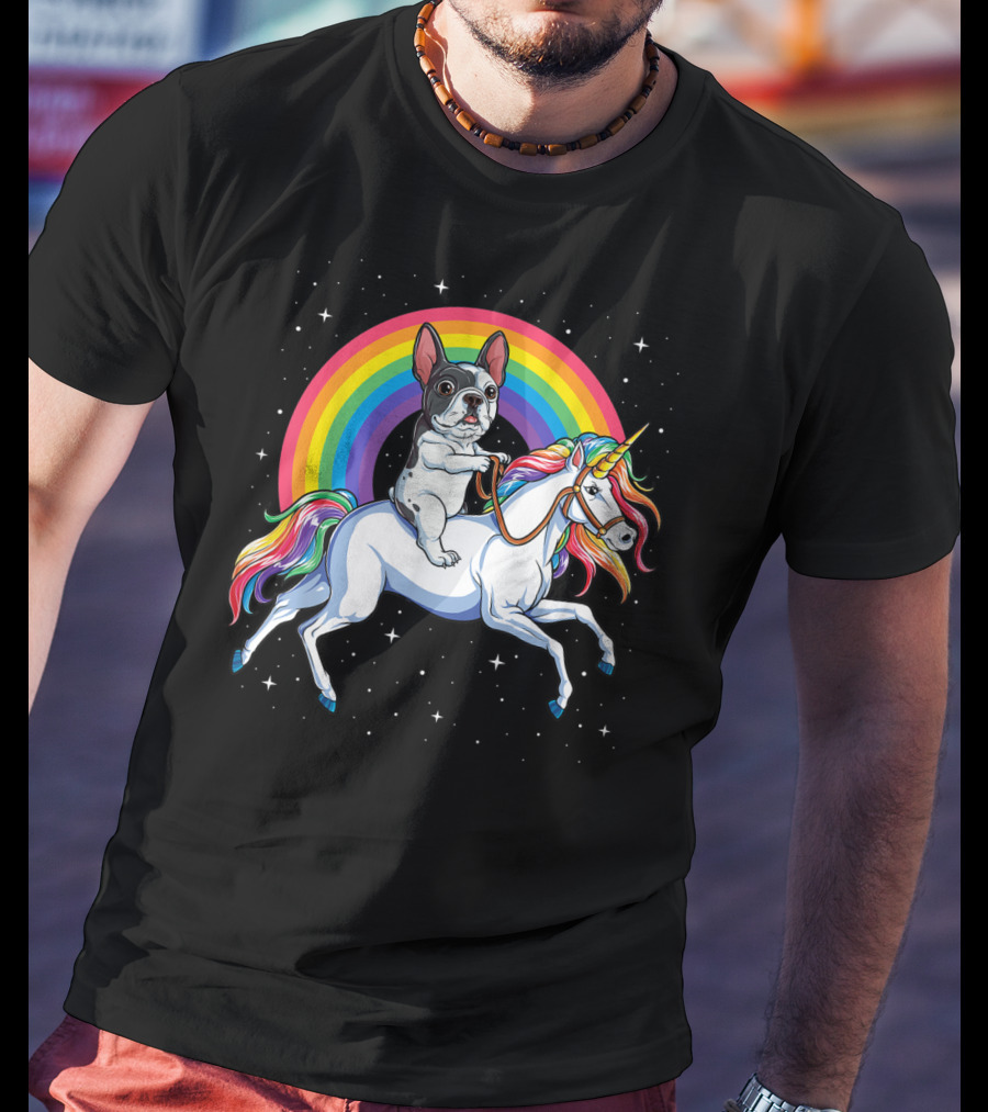 French Bulldog Riding Rainbow Unicorn In Space Galaxy T-Shirt