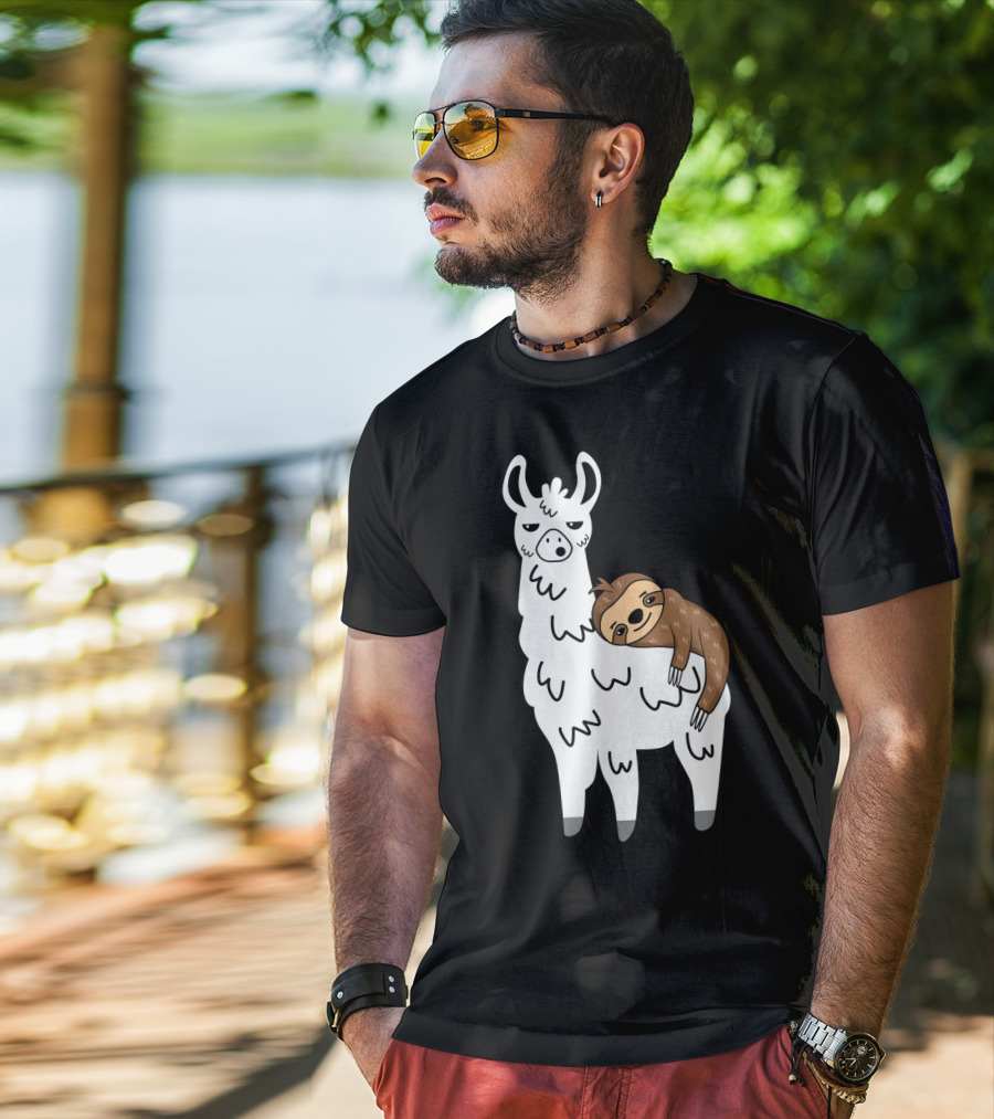 Funny Fluffy Sloth Hugging A Llama T-Shirt
