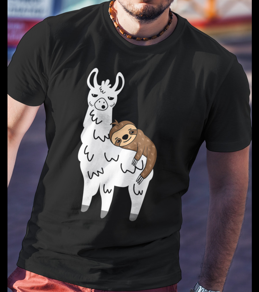 Funny Fluffy Sloth Hugging A Llama T-Shirt