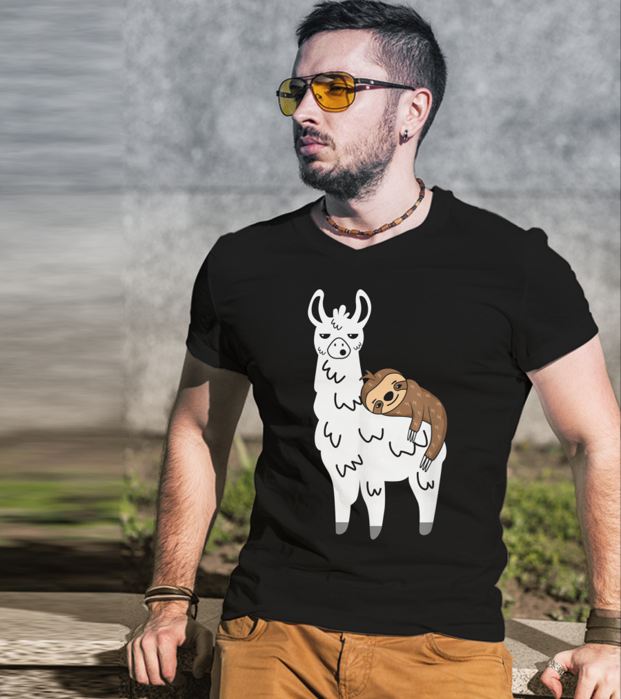 Funny Fluffy Sloth Hugging A Llama T-Shirt