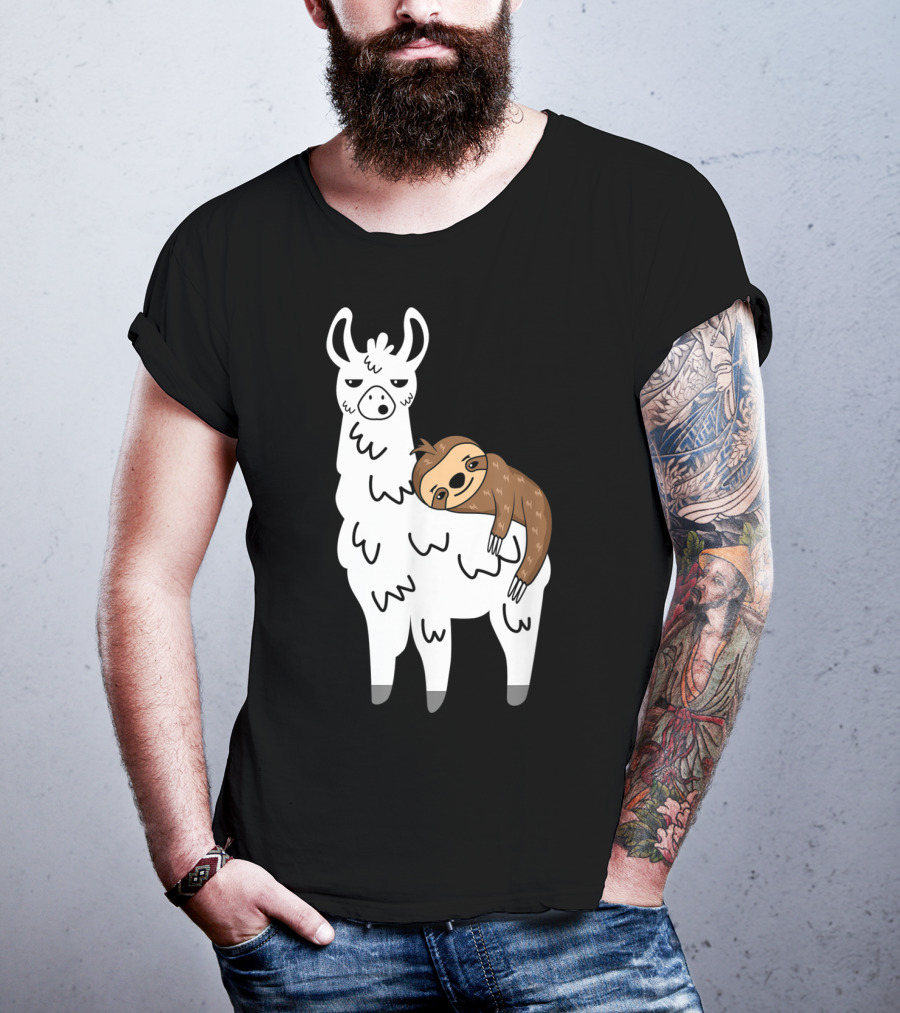Funny Fluffy Sloth Hugging A Llama T-Shirt