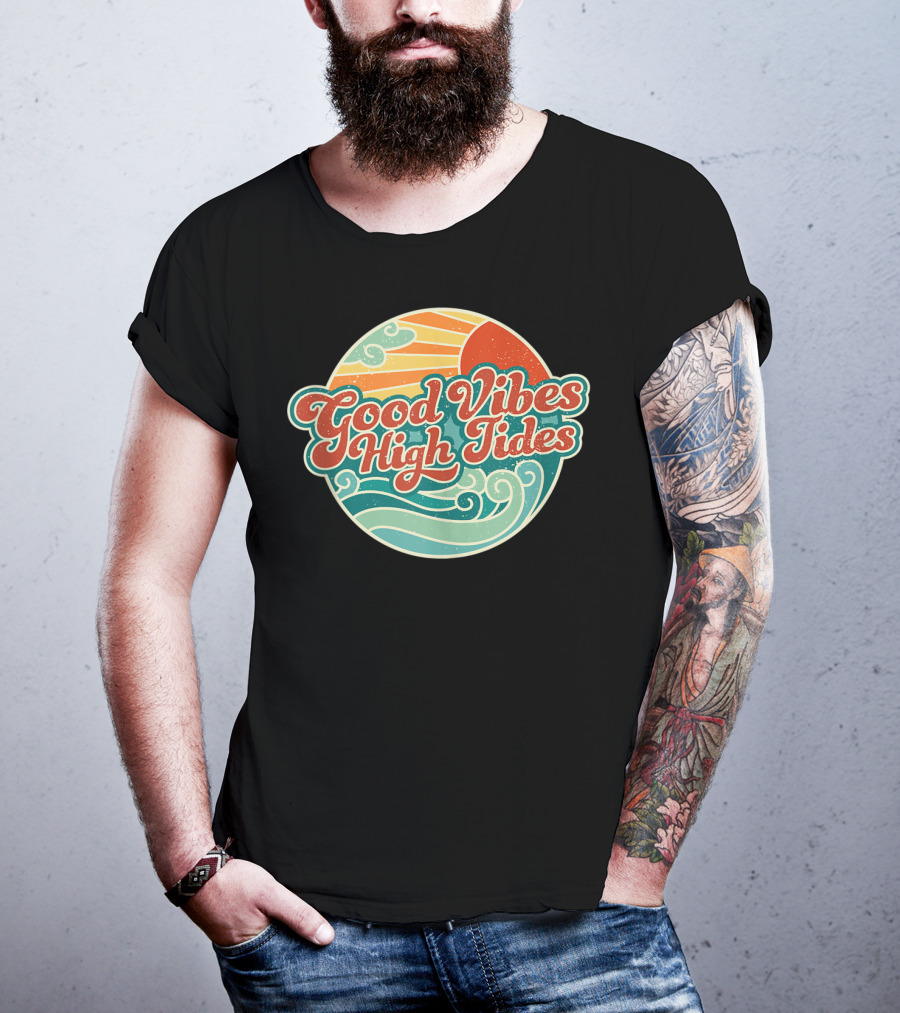 Good Vibes High Tides 60s Summer Retro Ocean Sunset Waves T-Shirt