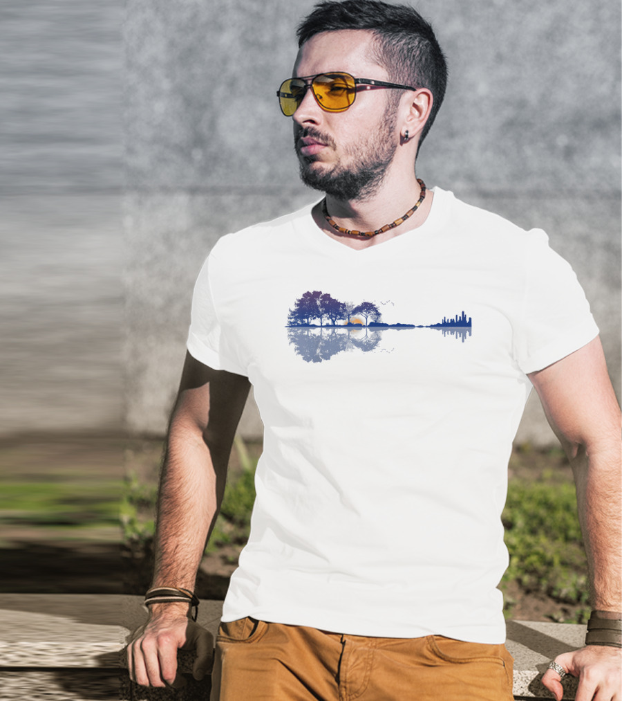 Guitar Reflections Lake Scene For Music Lovers T-Shirt