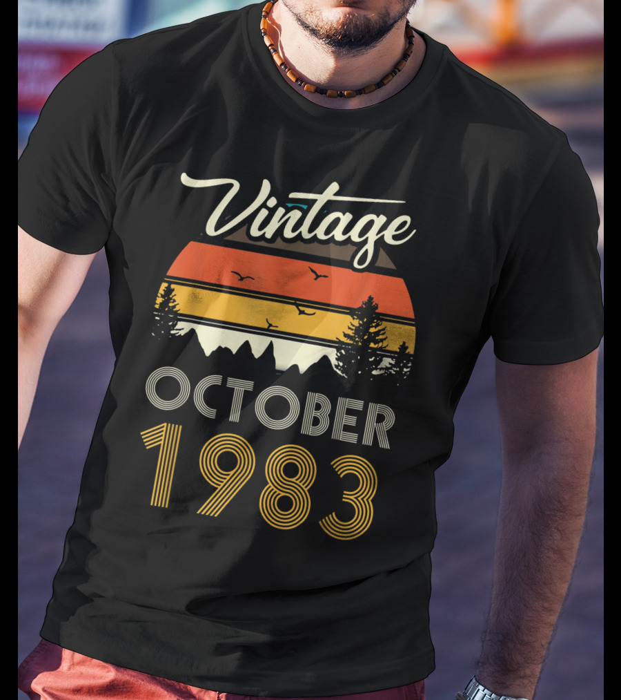 Vintage October 1983 Retro Sunset Pines And Birds T-Shirt