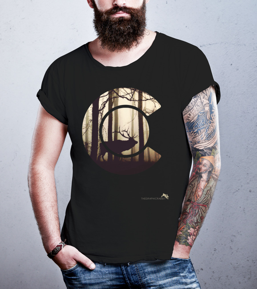 Colorado Elk Silhouette In Forest Scene T-Shirt