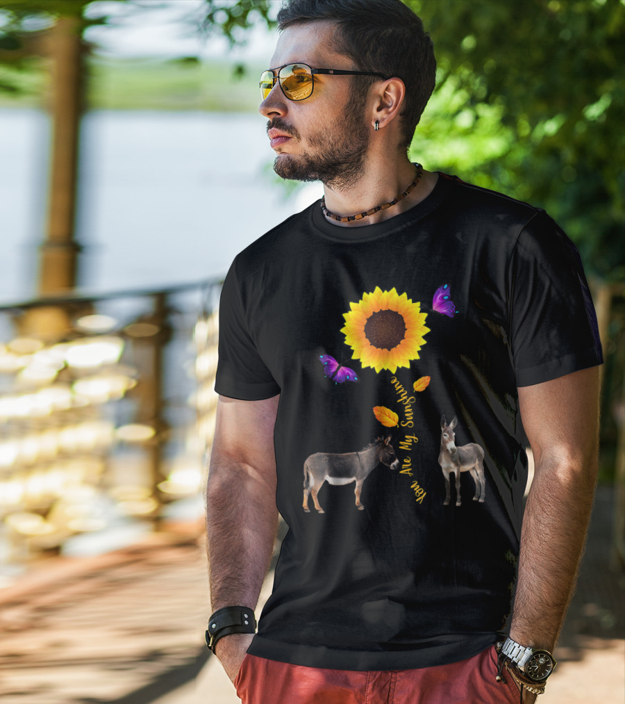 Donkey You Are My Sunshine Sunflower With Butterflies And Leaves T-Shirt