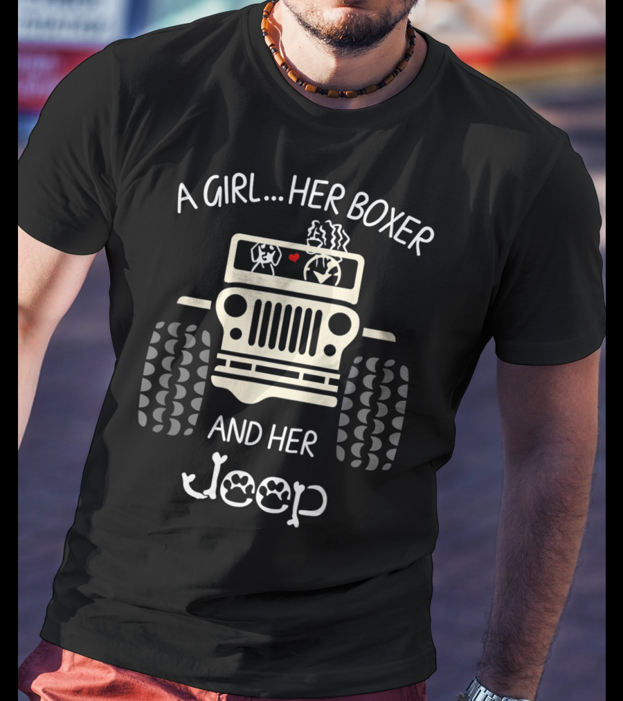 A Girl Her Boxer And Her Jeep Tire Tracks Dog Heart T-Shirt