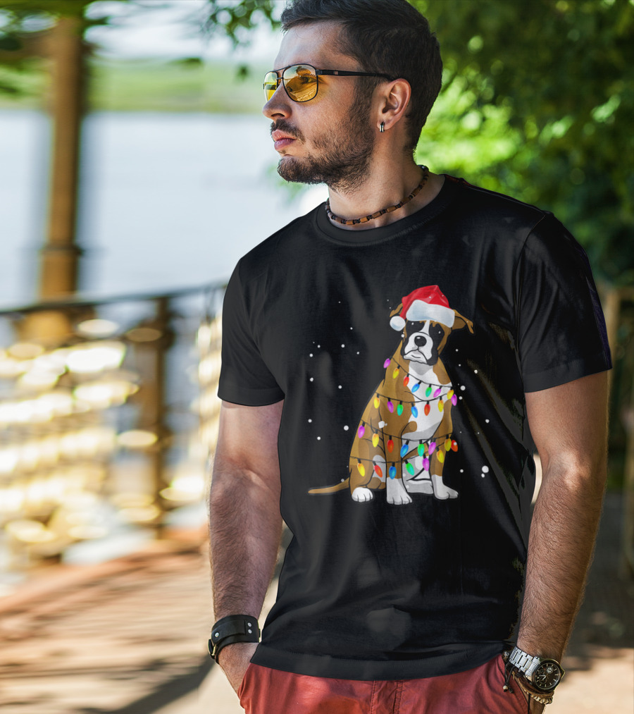 Boxer Dog Wrapped In Christmas Lights Wearing Santa Hat T-Shirt