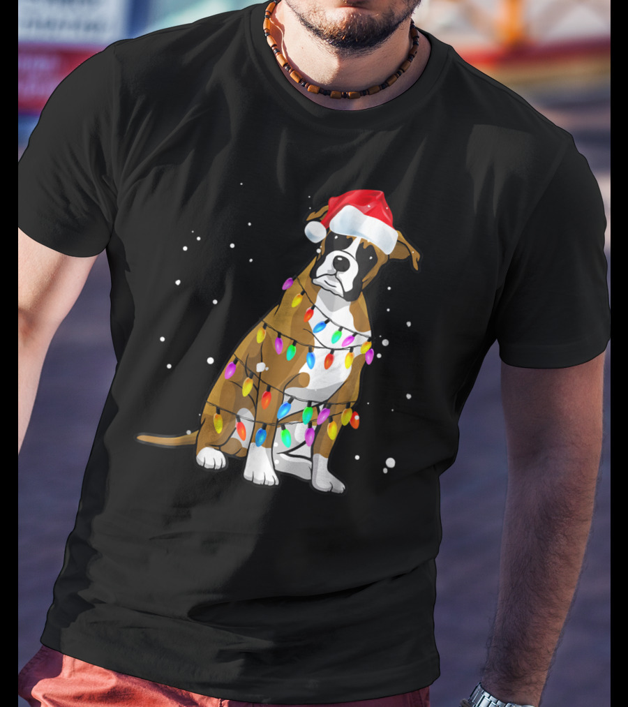 Boxer Dog Wrapped In Christmas Lights Wearing Santa Hat T-Shirt