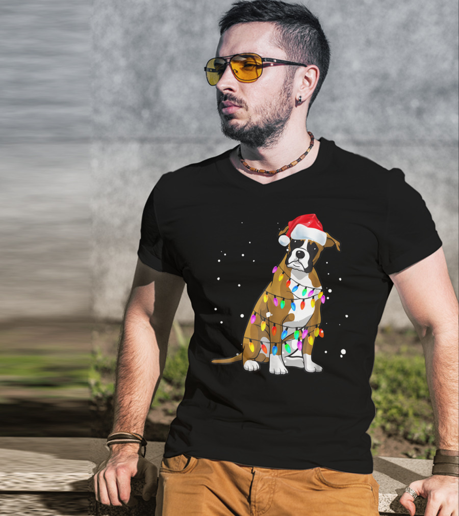 Boxer Dog Wrapped In Christmas Lights Wearing Santa Hat T-Shirt
