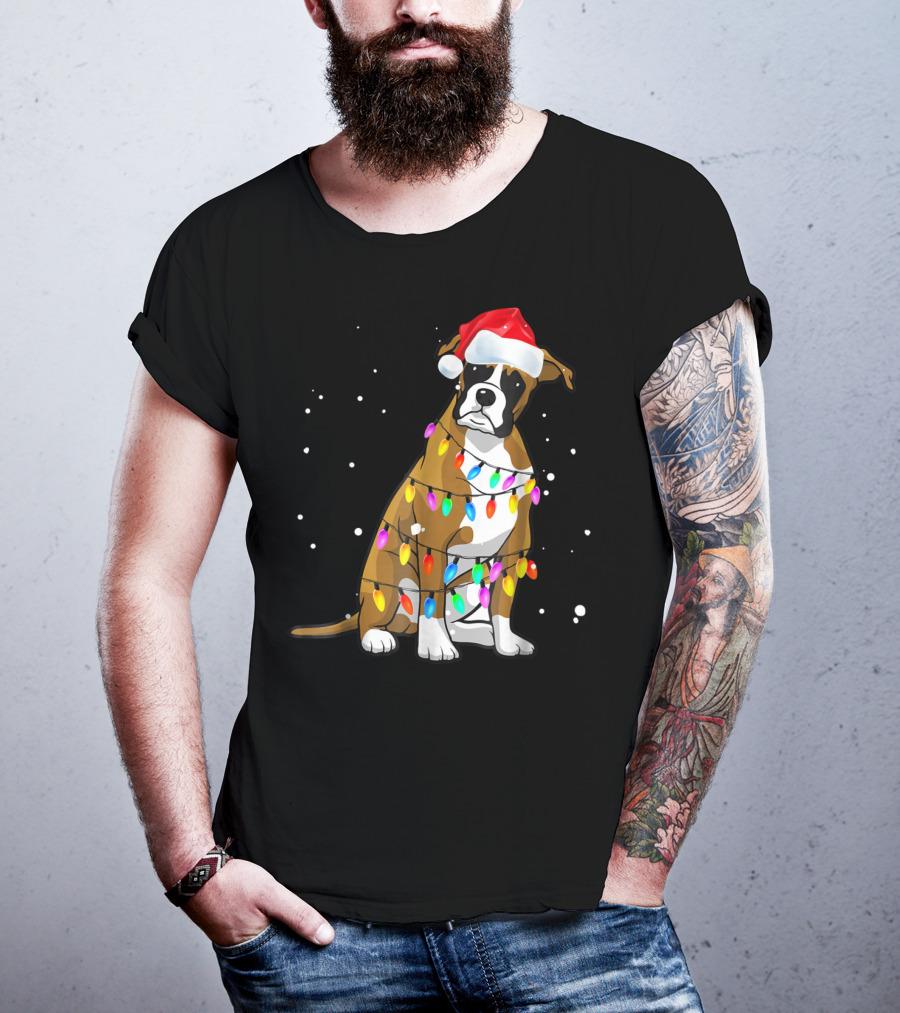 Boxer Dog Wrapped In Christmas Lights Wearing Santa Hat T-Shirt