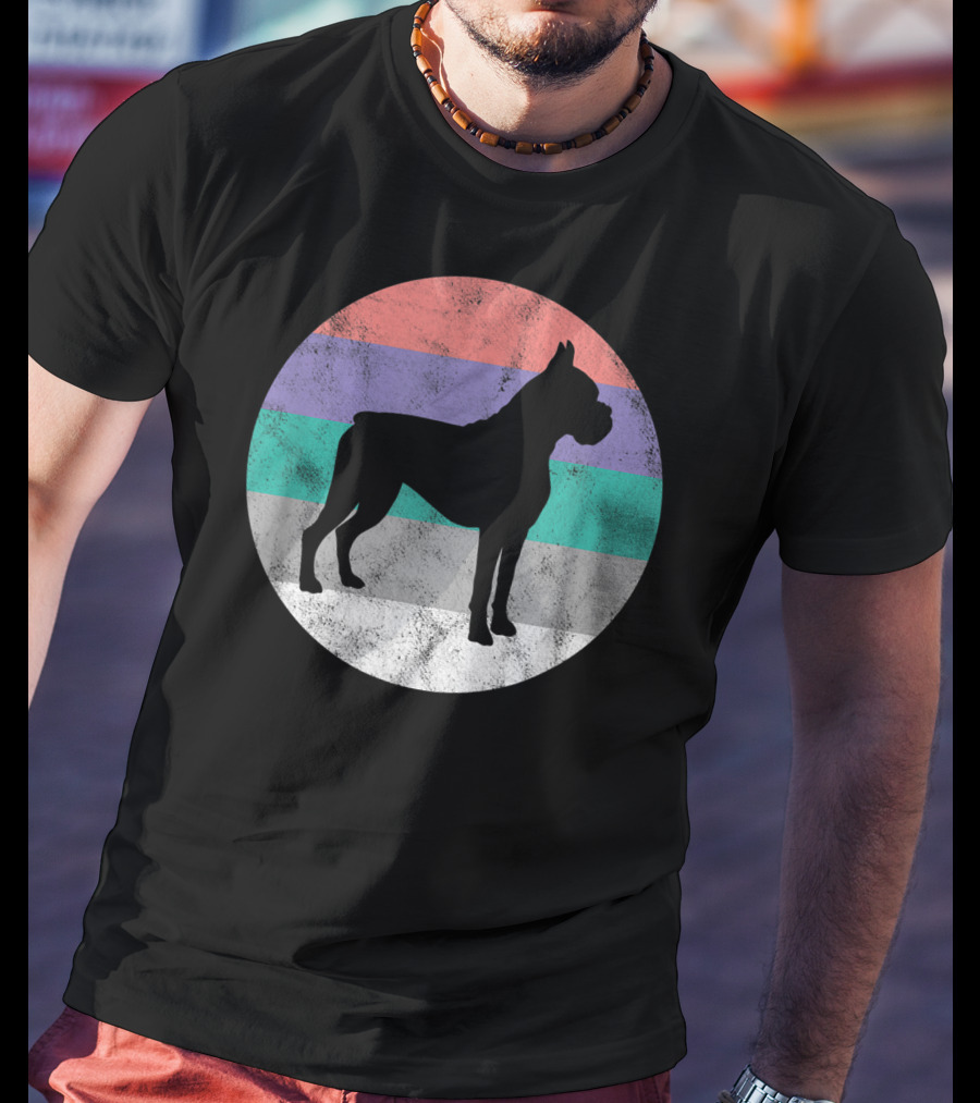 Boxer Dog Silhouette With Striped Circle Retro T-Shirt