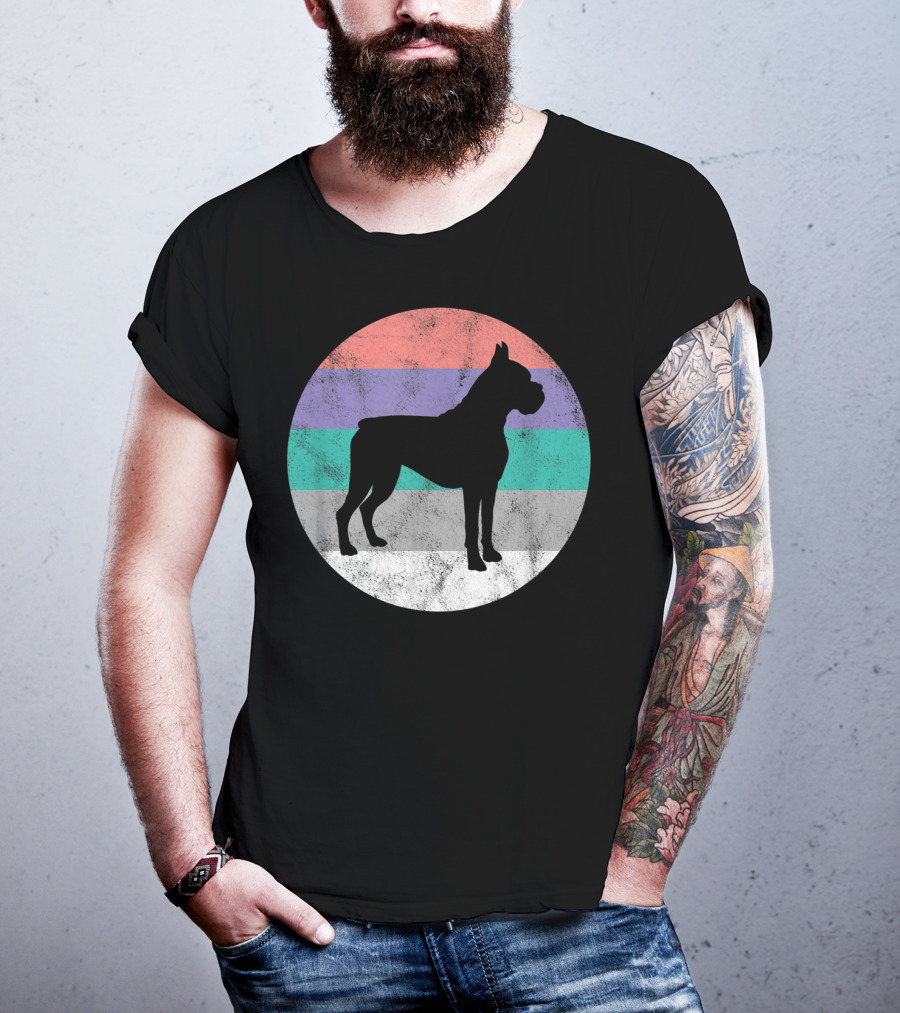 Boxer Dog Silhouette With Striped Circle Retro T-Shirt
