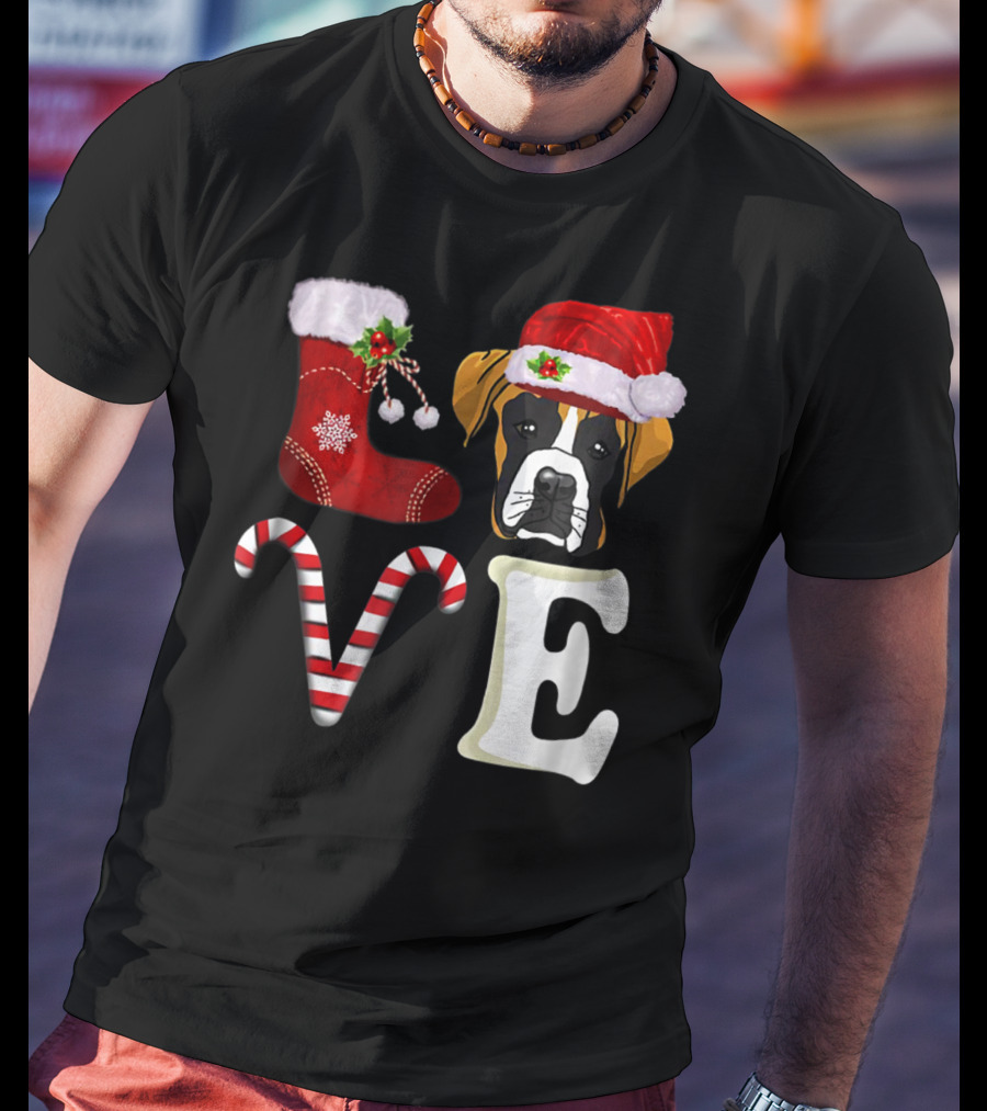 Boxer Dog Love Christmas Light With Santa Hat And Candy Cane T-Shirt