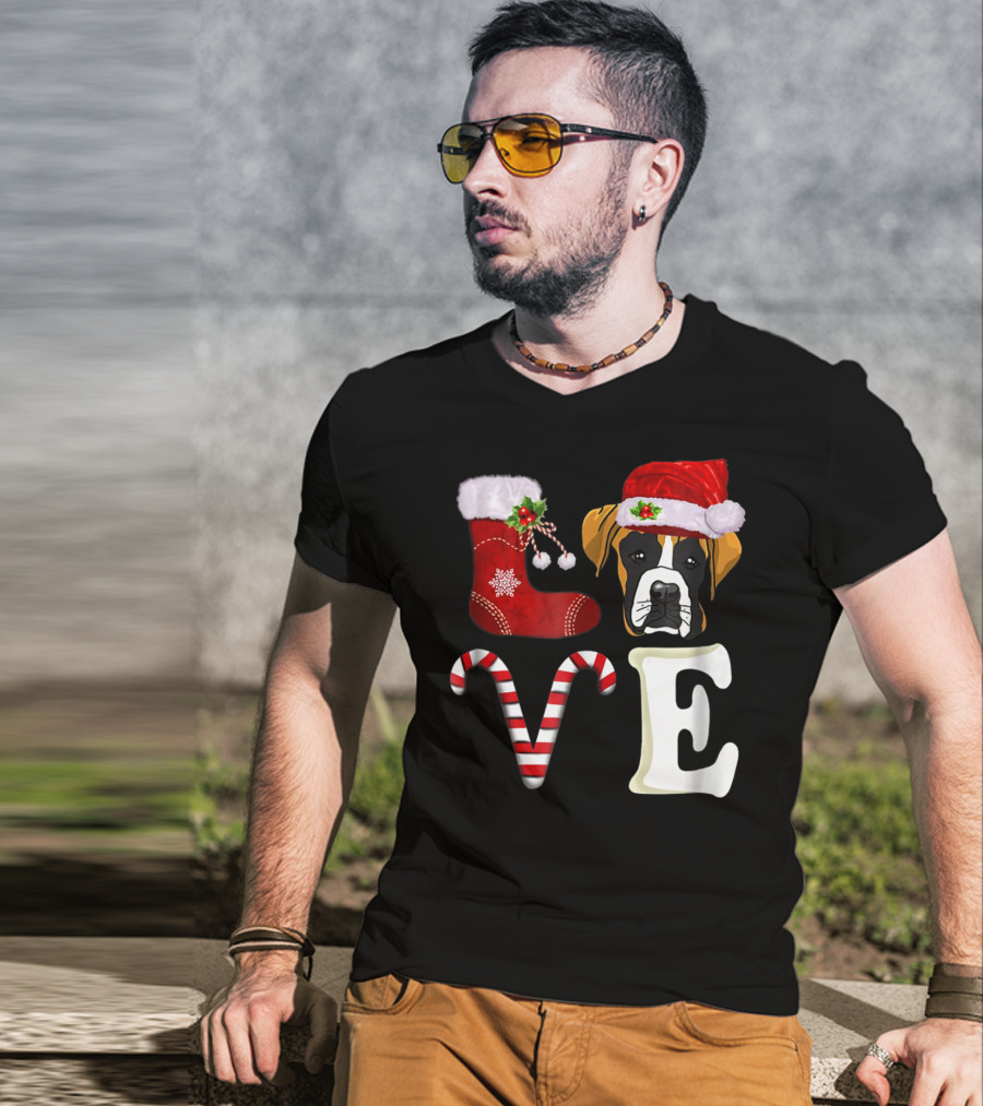 Boxer Dog Love Christmas Light With Santa Hat And Candy Cane T-Shirt