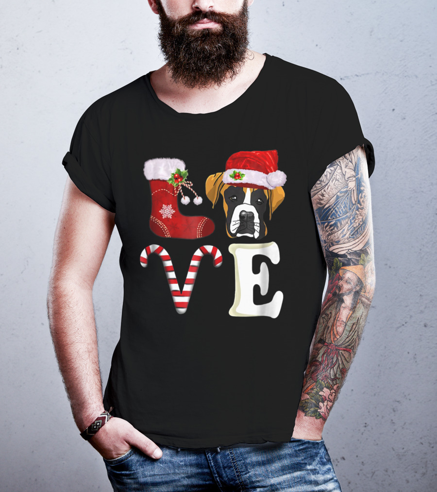 Boxer Dog Love Christmas Light With Santa Hat And Candy Cane T-Shirt