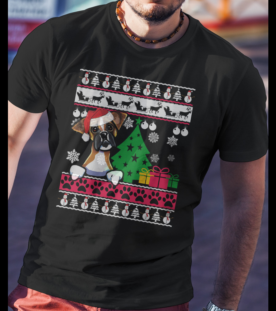 Boxer Dog Santa Hat Ugly Christmas Holiday Tree Gifts Snowflakes Festive T-Shirt