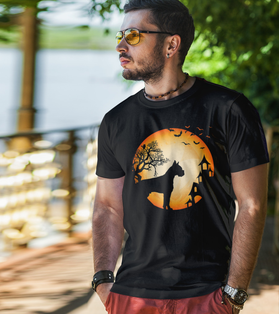 Scary Boxer Dog Halloween Moon With Bats And Haunted House Scene T-Shirt