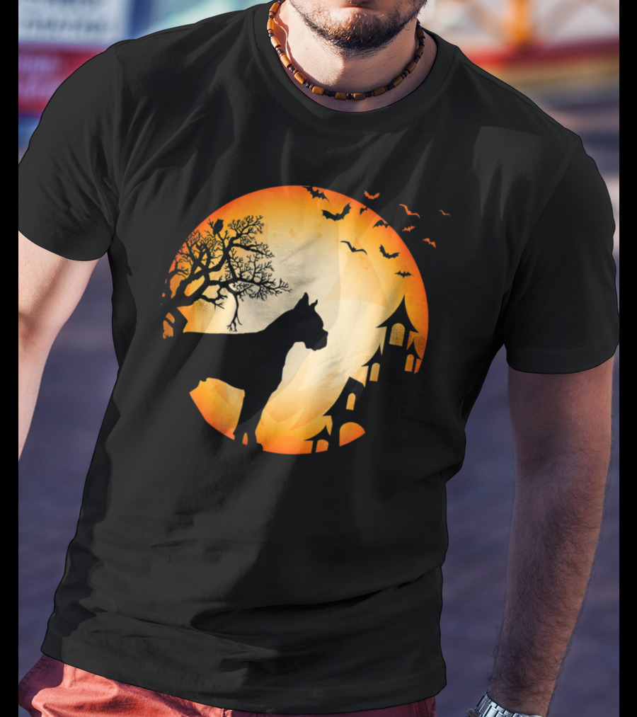 Scary Boxer Dog Halloween Moon With Bats And Haunted House Scene T-Shirt