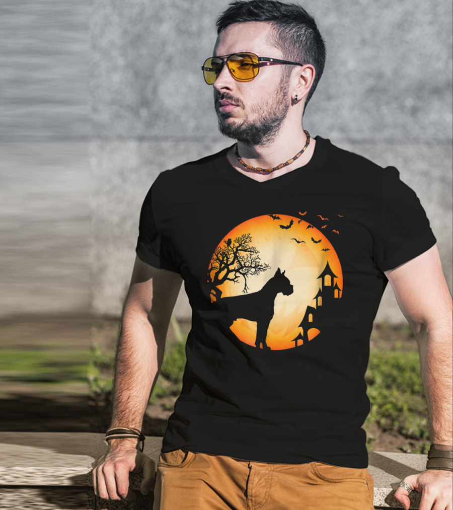 Scary Boxer Dog Halloween Moon With Bats And Haunted House Scene T-Shirt