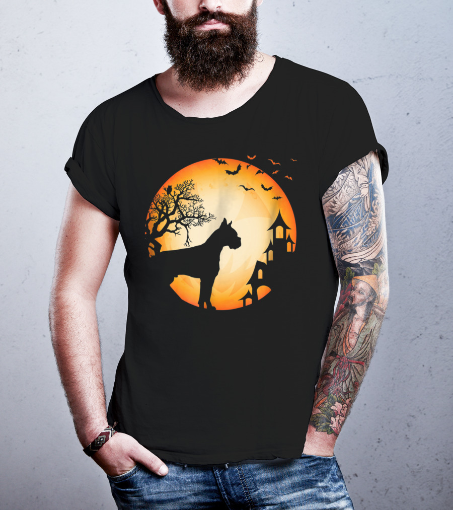 Scary Boxer Dog Halloween Moon With Bats And Haunted House Scene T-Shirt