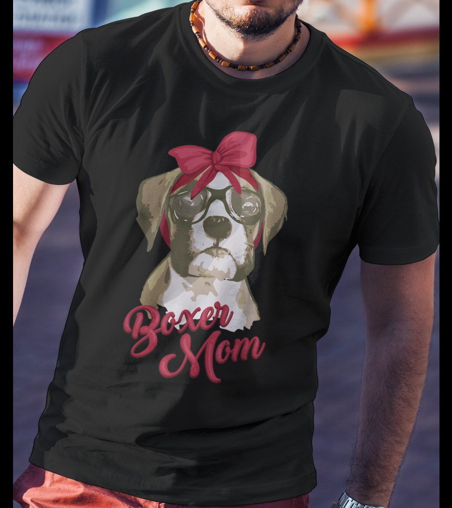 Boxer Mom Funny Cool I Heart Boxer Breed Glasses Red Bow T-Shirt