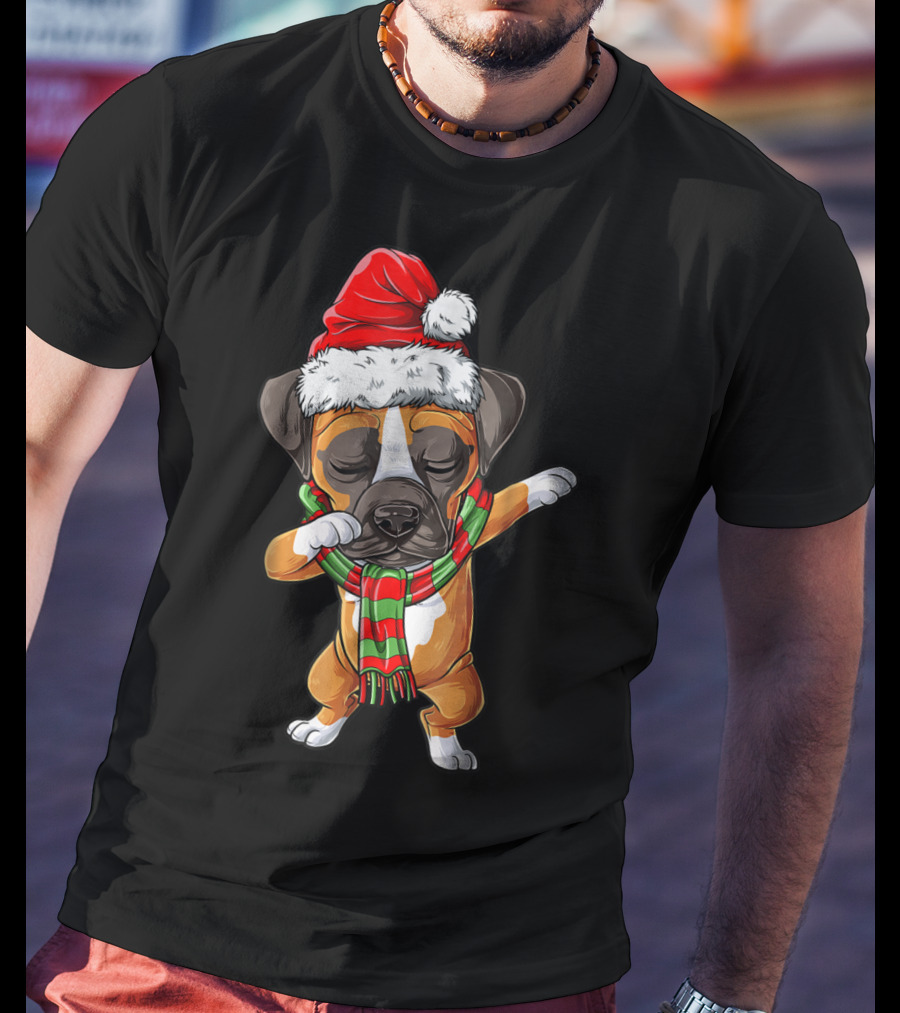 Dabbing Boxer Dog In Santa Hat With Christmas Scarf T-Shirt
