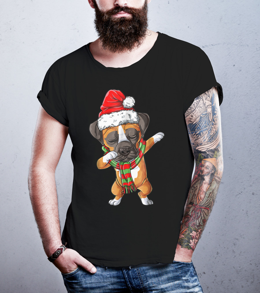 Dabbing Boxer Dog In Santa Hat With Christmas Scarf T-Shirt