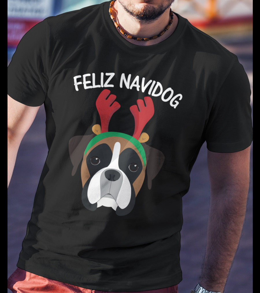 Feliz Navidog Navidad Boxer Dog Reindeer Antlers T-Shirt