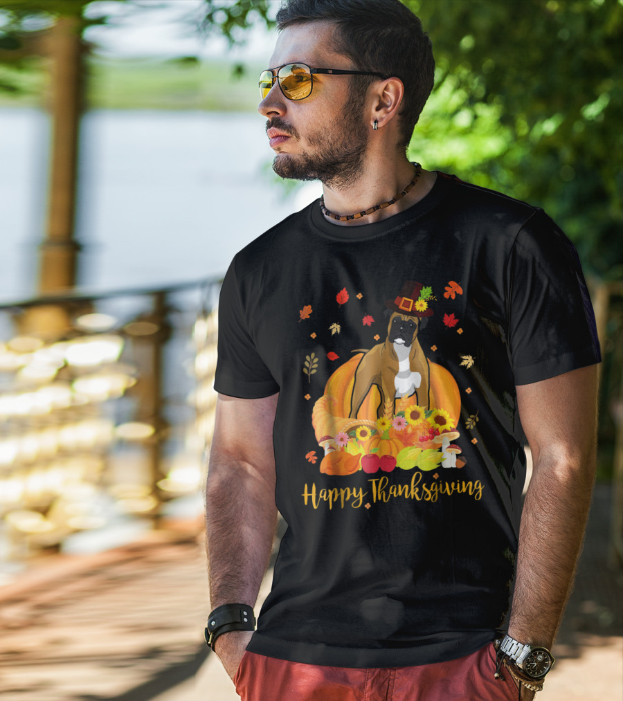 Thanksgiving Boxer Dog With Pilgrim Hat And Harvest Feast T-Shirt