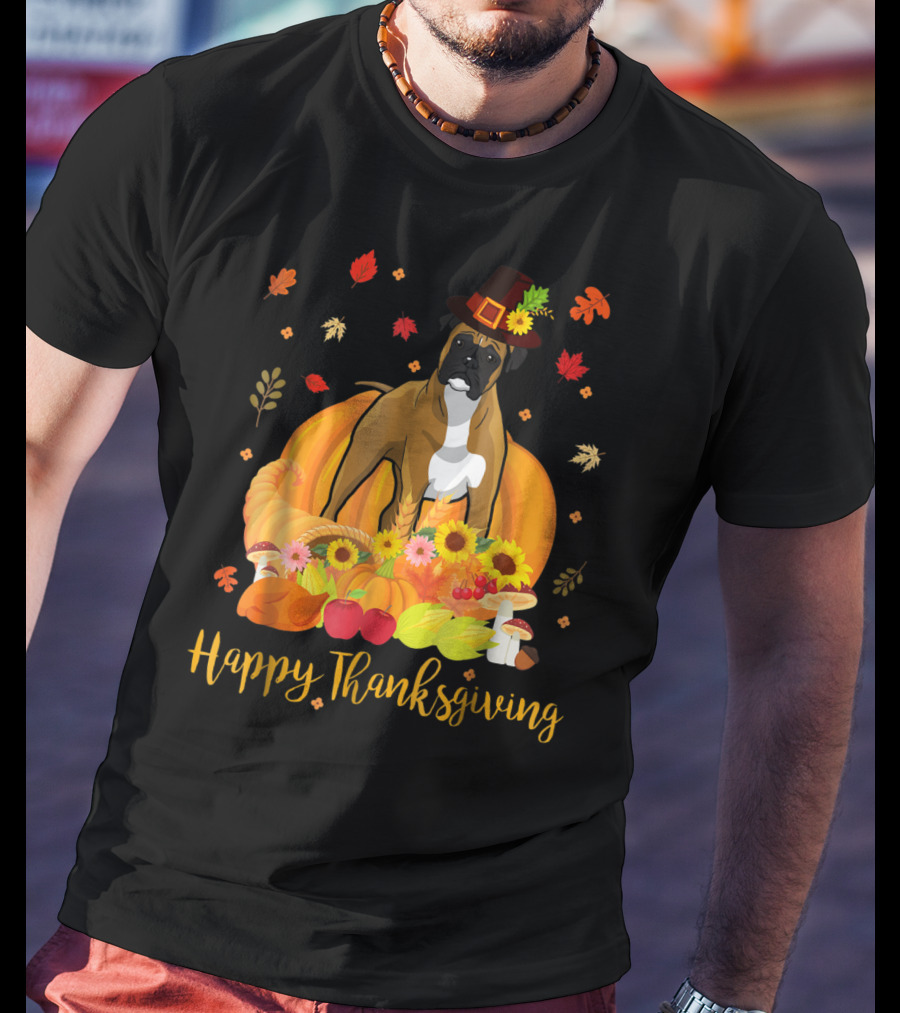 Thanksgiving Boxer Dog With Pilgrim Hat And Harvest Feast T-Shirt