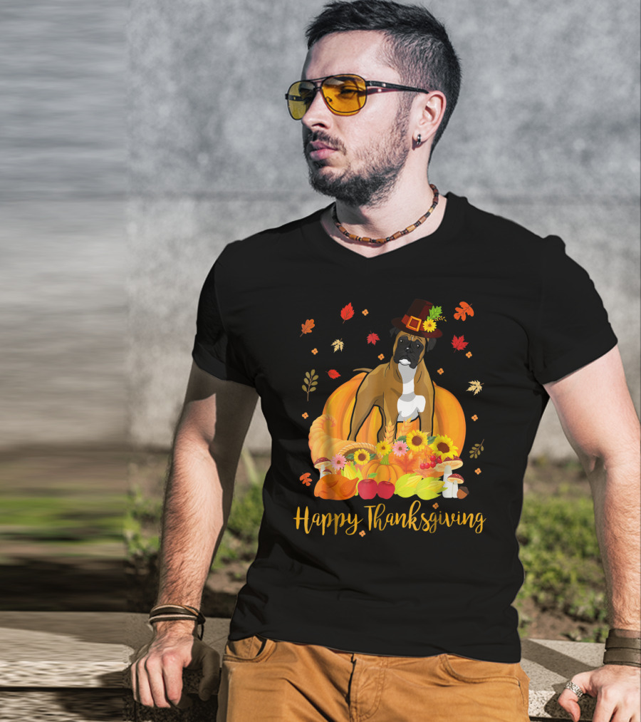 Thanksgiving Boxer Dog With Pilgrim Hat And Harvest Feast T-Shirt