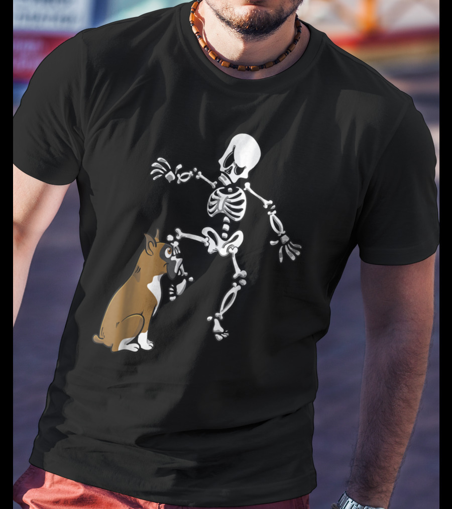 Boxer Dog Biting Skeleton Leg Halloween Dog Skeleton T-Shirt
