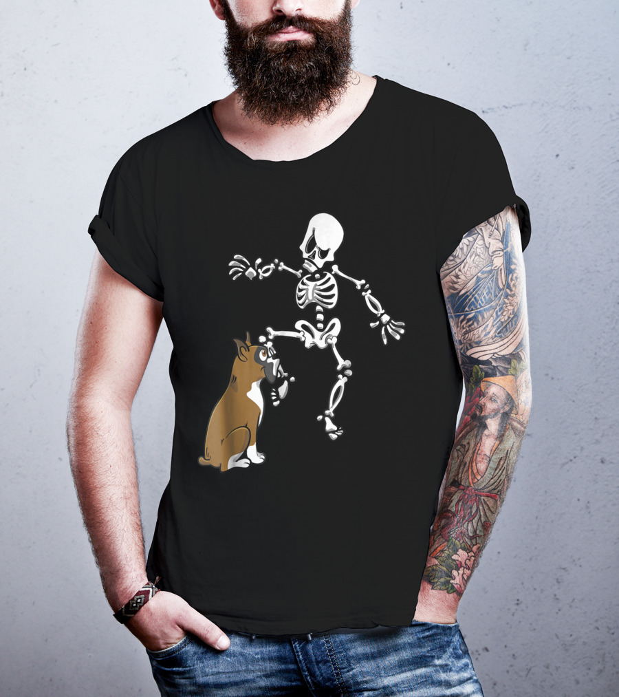 Boxer Dog Biting Skeleton Leg Halloween Dog Skeleton T-Shirt